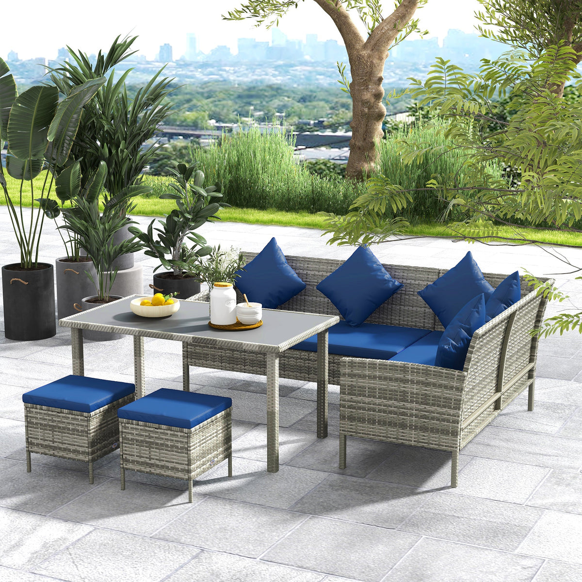 5 Piece Rattan Garden Furniture Set, 6 Seater Corner Dining Set, Dark Blue — product view 3