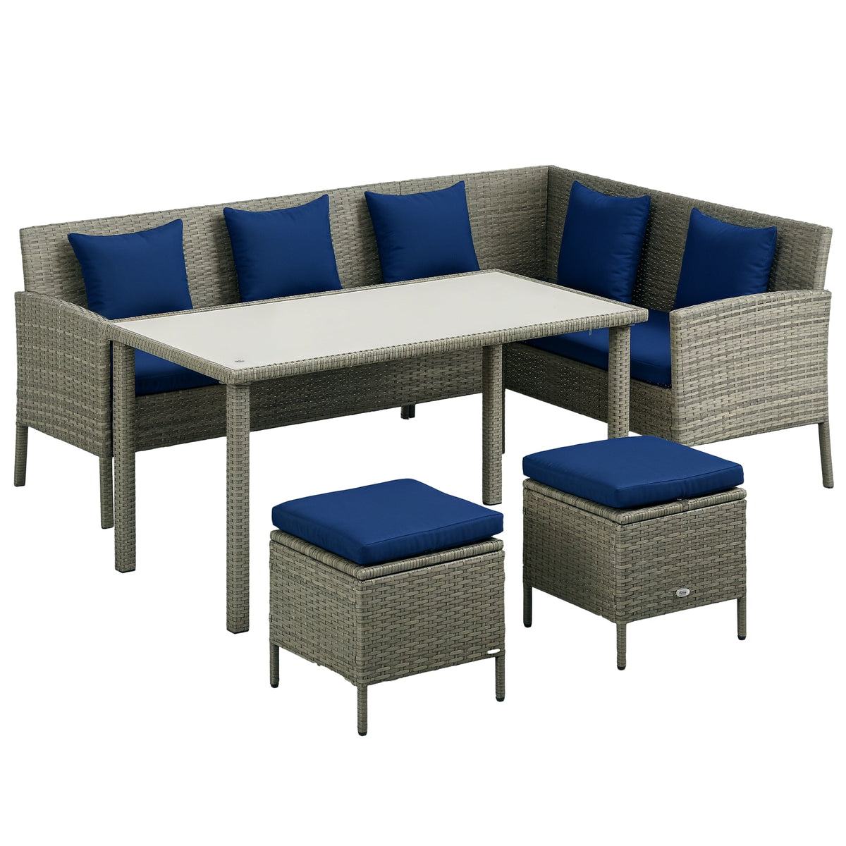5 Piece Rattan Garden Furniture Set, 6 Seater Corner Dining Set, Dark Blue — product view 1