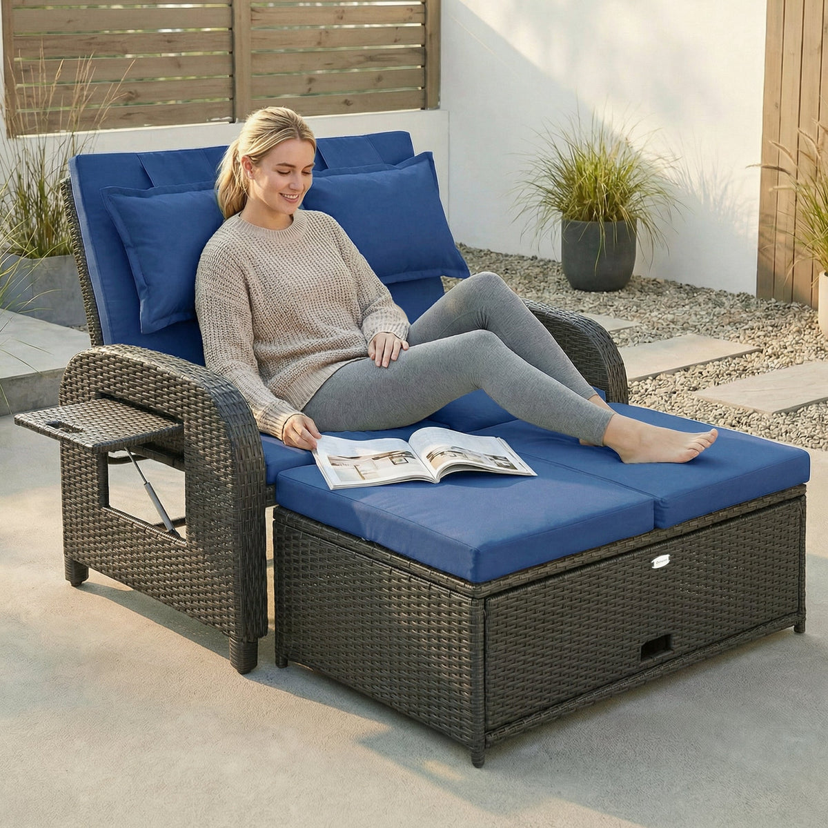 Rattan Patio Daybed with Storage Ottoman and Adjustable Backrest, Navy Blue — product view 3