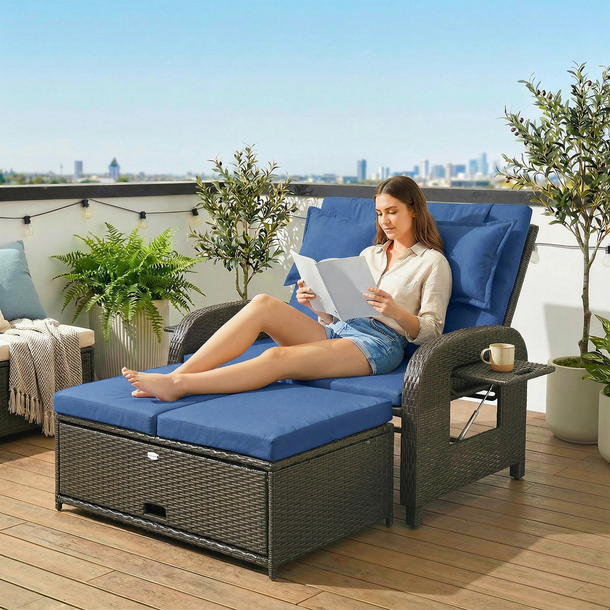 Rattan Patio Daybed with Storage Ottoman and Adjustable Backrest, Navy Blue — product view 4
