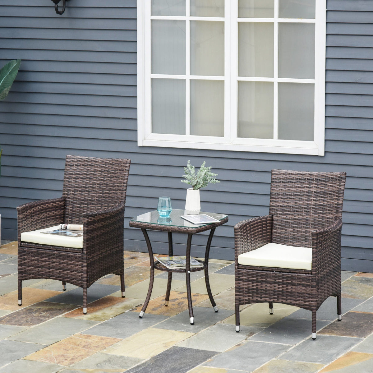 2 Piece PE Rattan Dining Chair Set with Cushions & High Back, Mixed Brown — product view 3