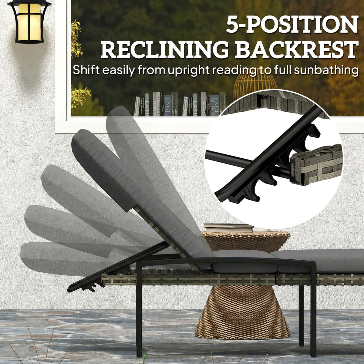 Pair of Wicker Chaise Loungers with 5-Level Backrest & Cushion, Light Grey — product view 6