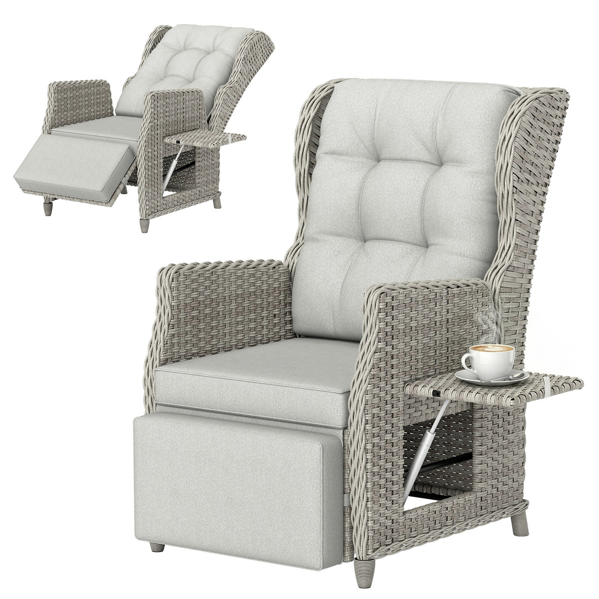 Rattan Garden Recliner Chair with Footrest, Flip Table and Cushion, Light Grey — product view 1