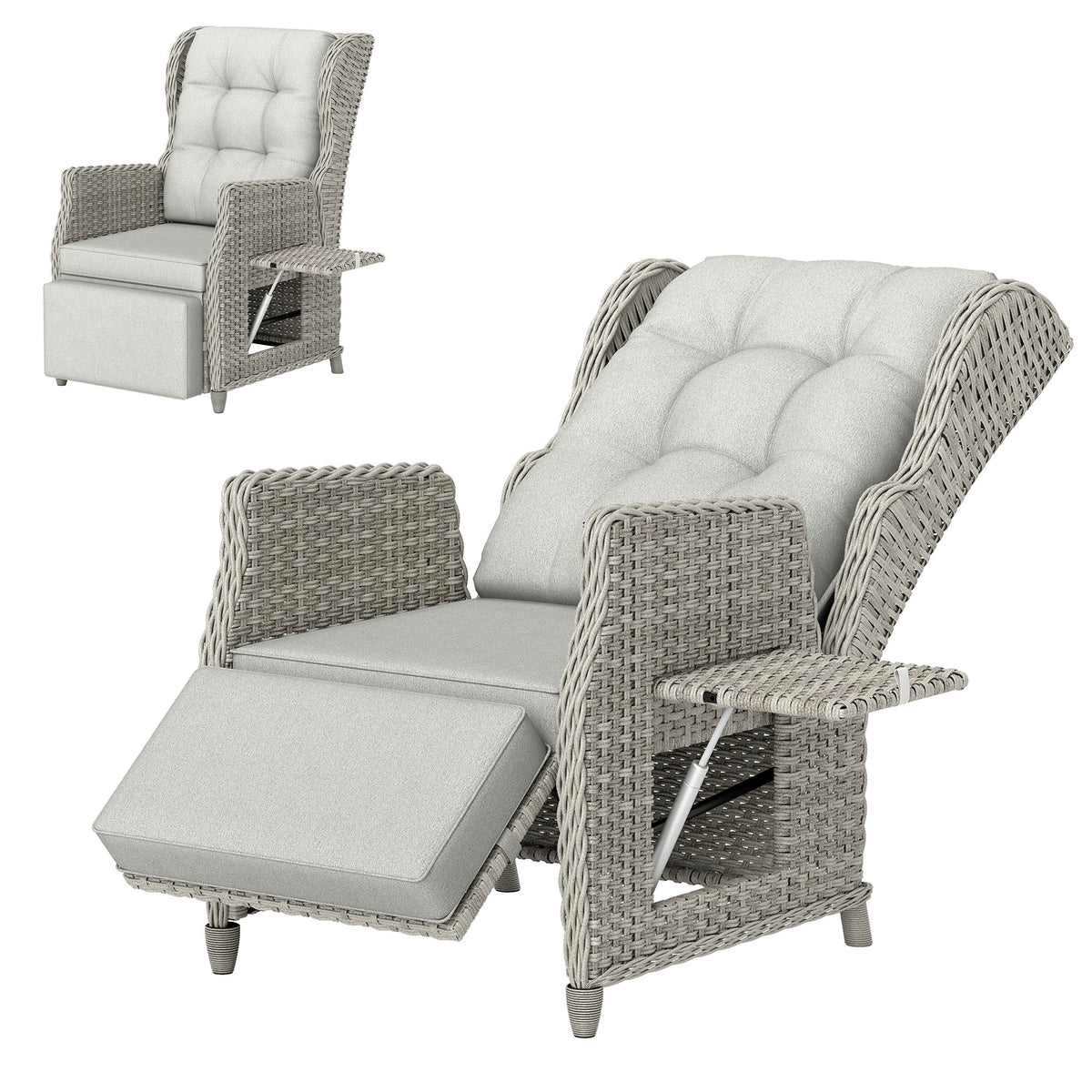 Rattan Garden Recliner Chair with Footrest, Flip Table and Cushion, Light Grey — product view 2