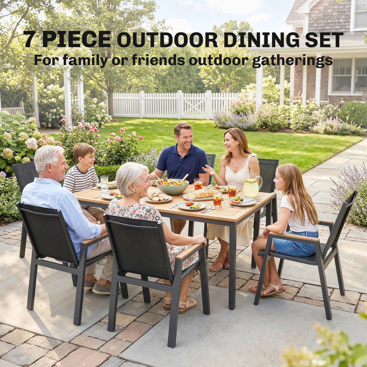 7-Piece Outdoor Dining Set with Slatted Rectangle Table and 6 Mesh Chairs, Black — product view 6