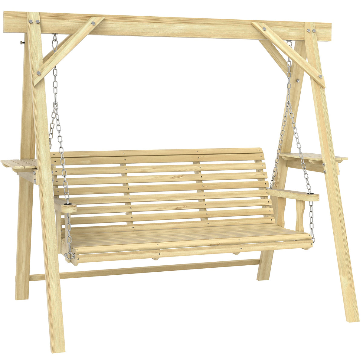 3 Seat Porch Swing with Stand and Side Tables, Natural Wood — product view 2