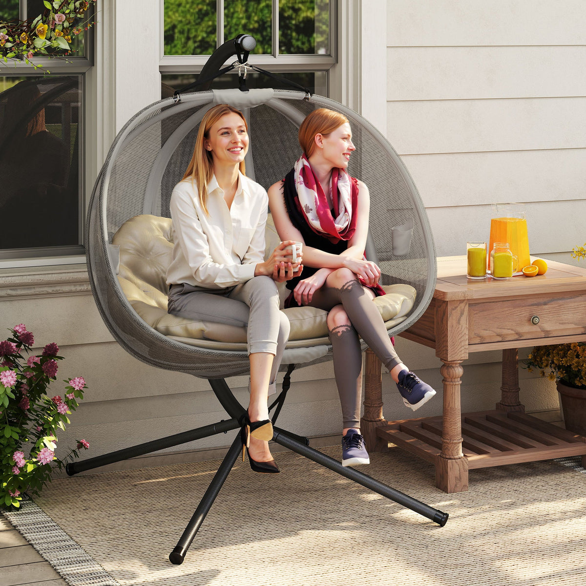 2-Person Double Egg Chair with Stand, 528 lbs Capacity, Cushioned Loveseat, Khaki — product view 3