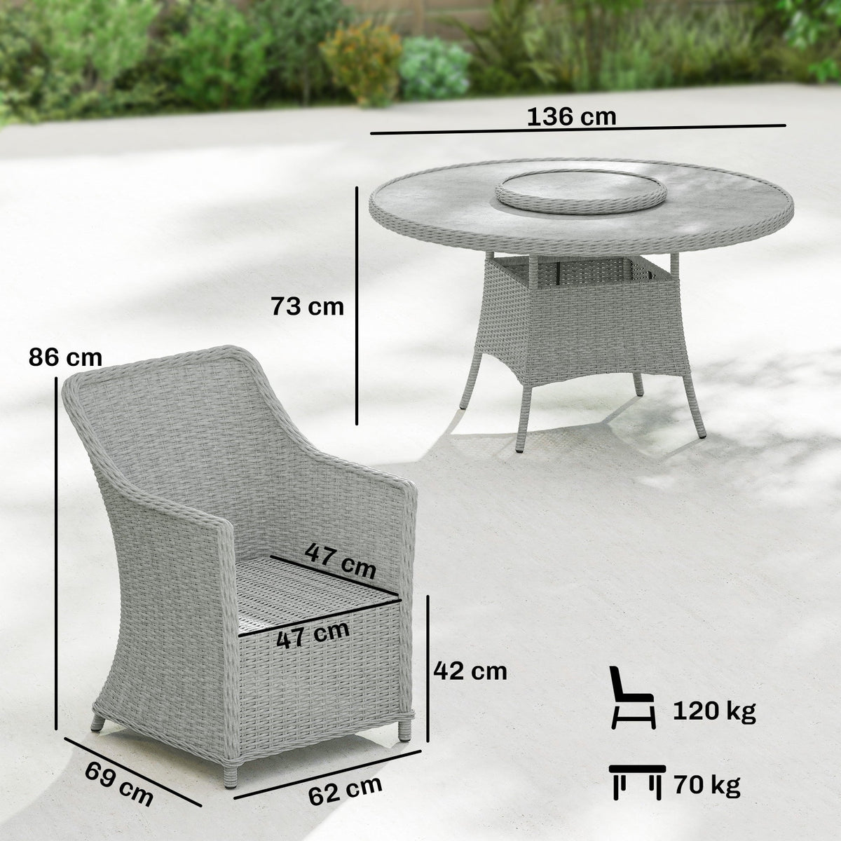 6 Seater Rattan Dining Set with Lazy Susan and Marble Effect Table, Grey — product view 5