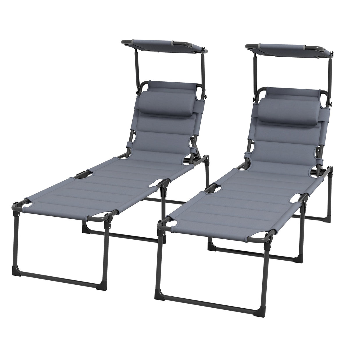 2-Piece Outdoor Lounge Chairs with Sunshade and Pillow, Gray — product view 2