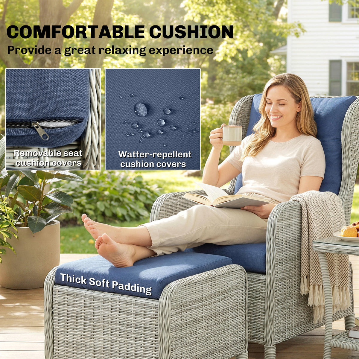 5 Piece Rattan Reclining Chair Set with Footstool and Glass Table, Dark Blue — product view 7