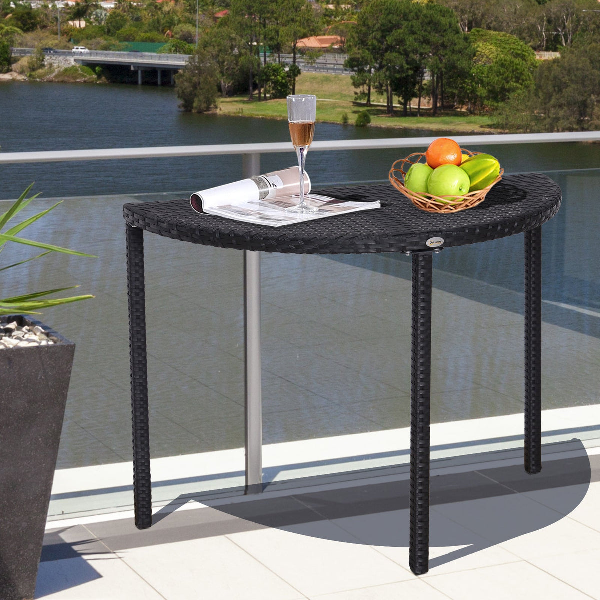 39.4" Half Round PE Rattan Side Table with Metal Frame, Black — product view 4