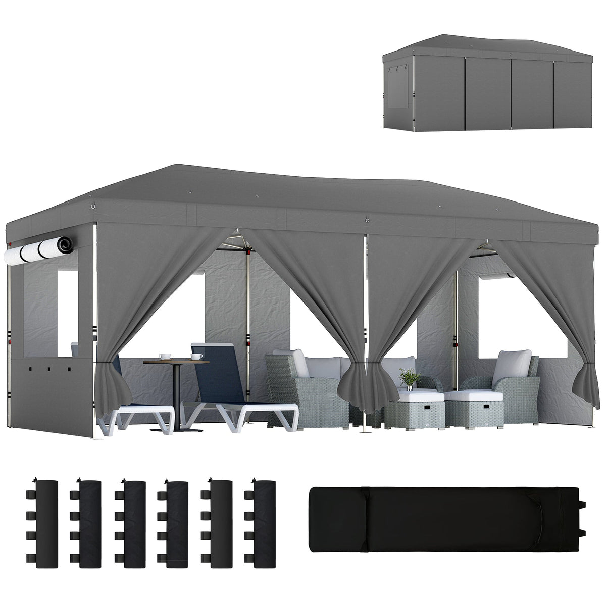 3 x 6 m Pop Up Gazebo with 6 Sidewalls, Wheeled Bag & Sandbags, Dark Grey — product view 1