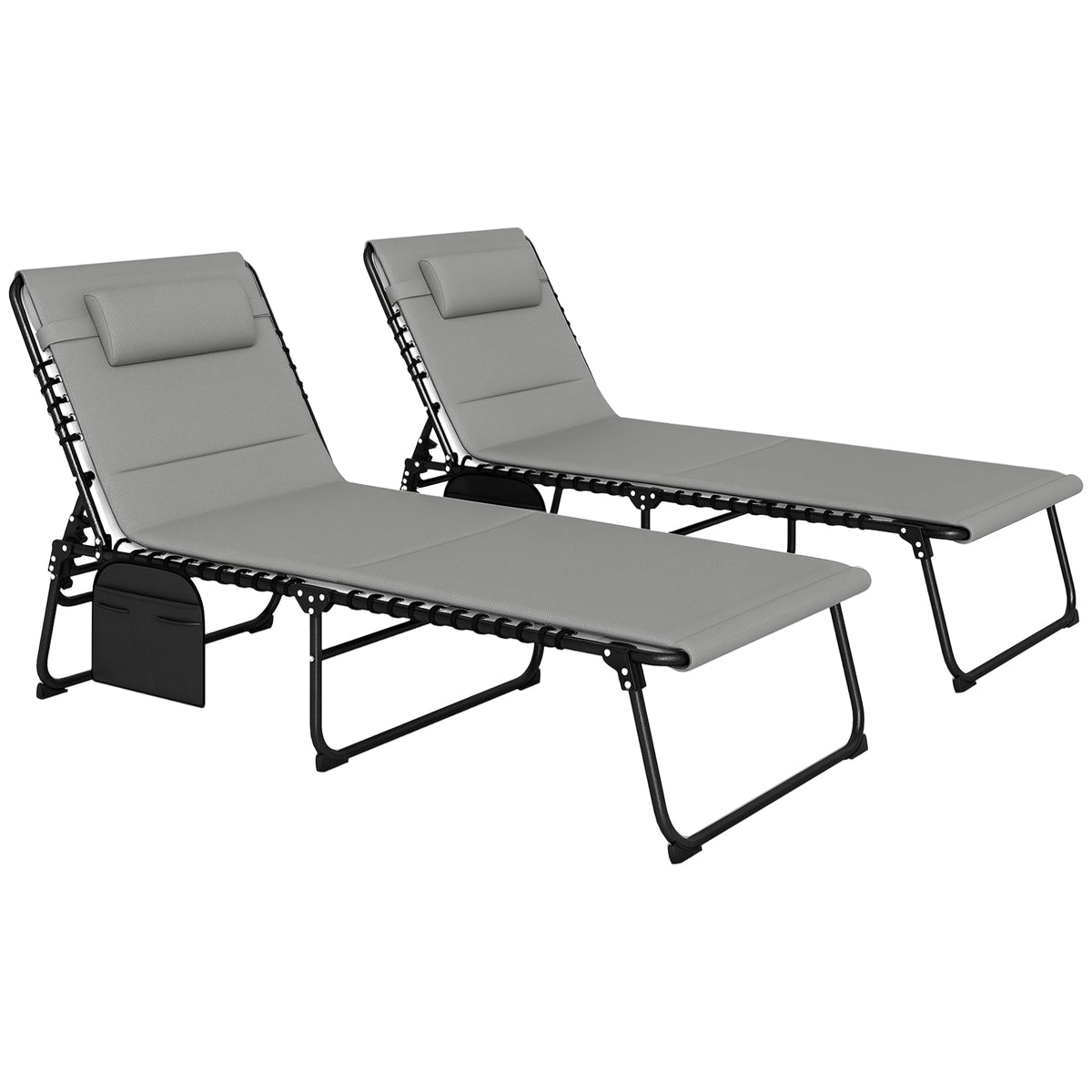 Set of 2 Folding Sun Loungers with Headrest & Side Pocket, Light Grey — product view 1