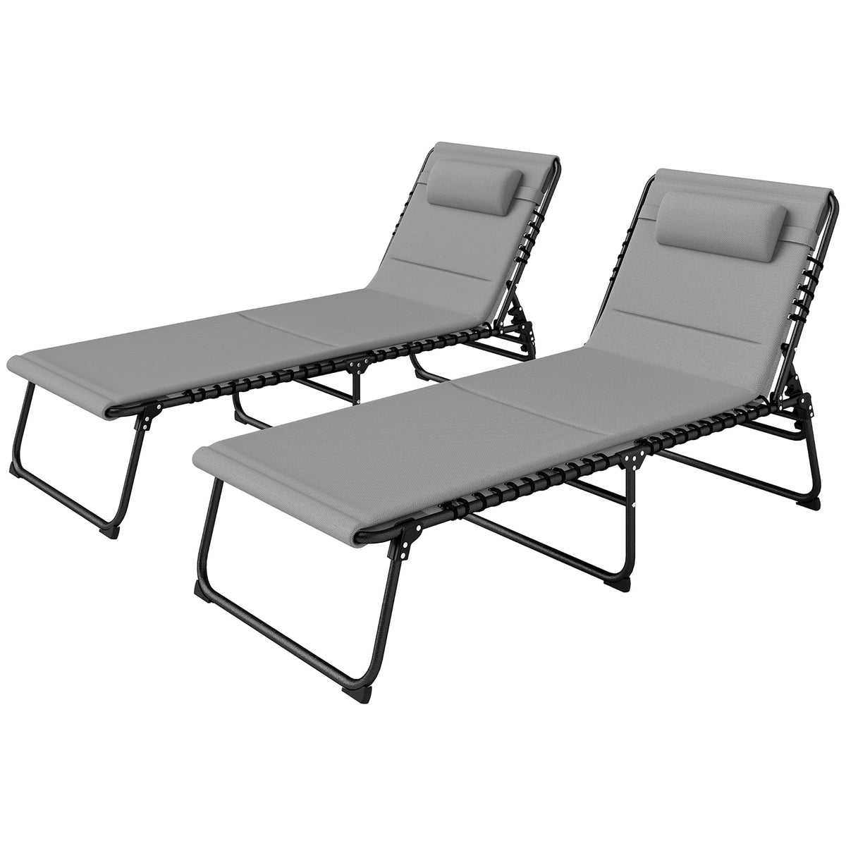 Set of 2 Folding Sun Loungers with Headrest & Side Pocket, Light Grey — product view 2