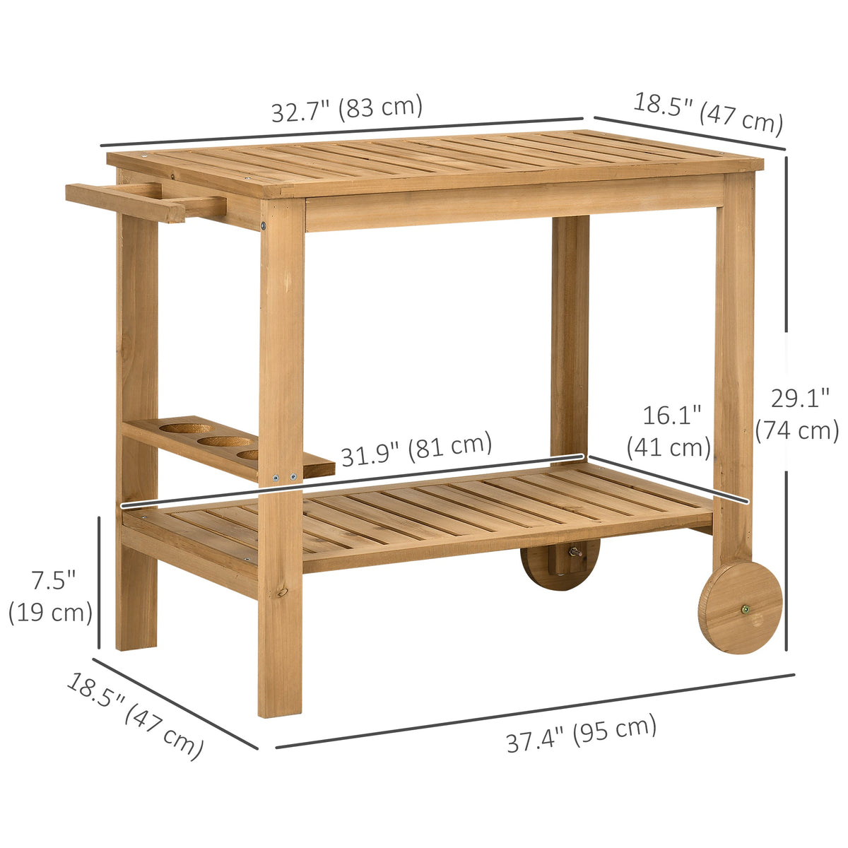 Wood Outdoor Bar Cart with 2 Shelves and Wine Holders, Natural — product view 5