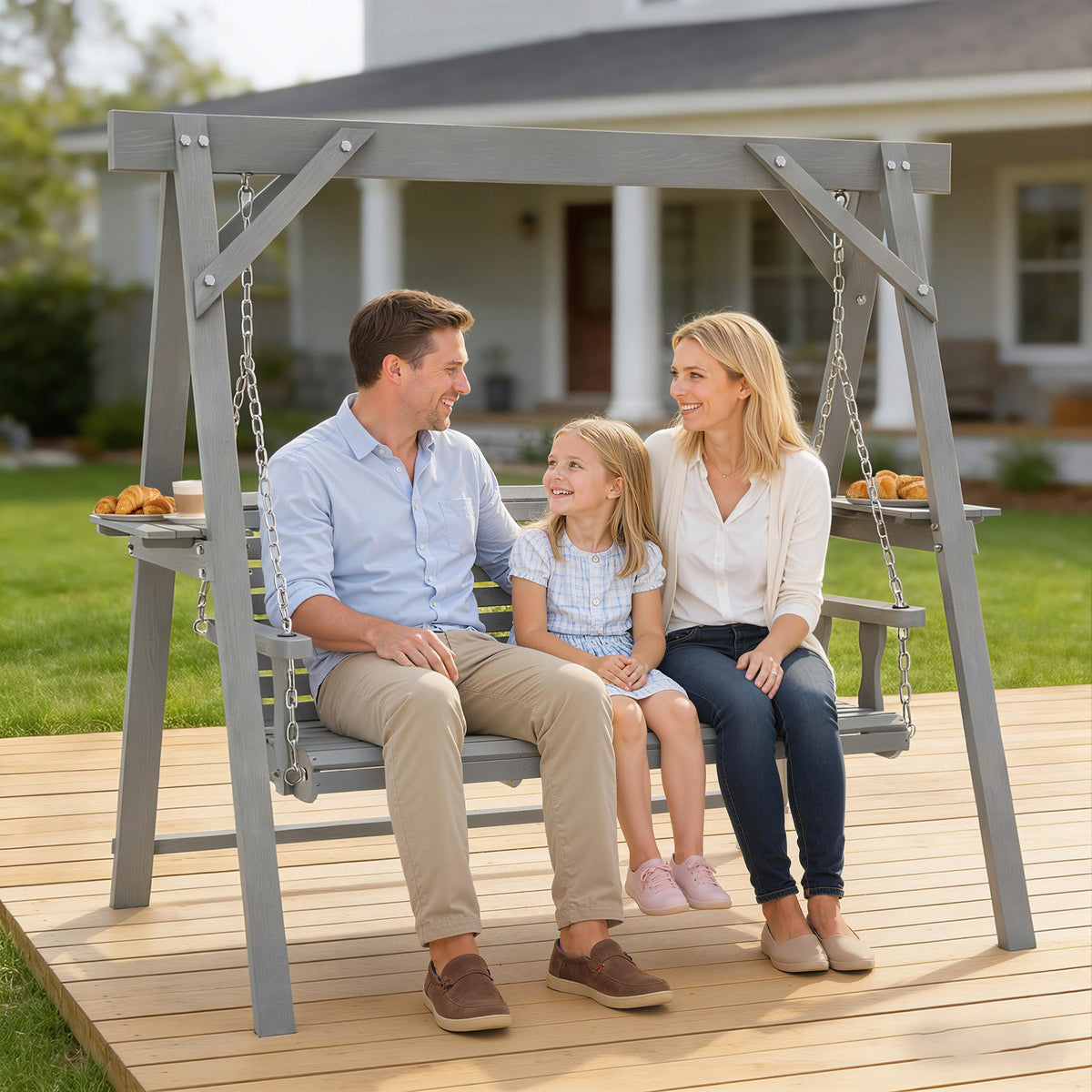 3 Seater Wooden Garden Swing Seat with Side Tables, Dark Grey — product view 3