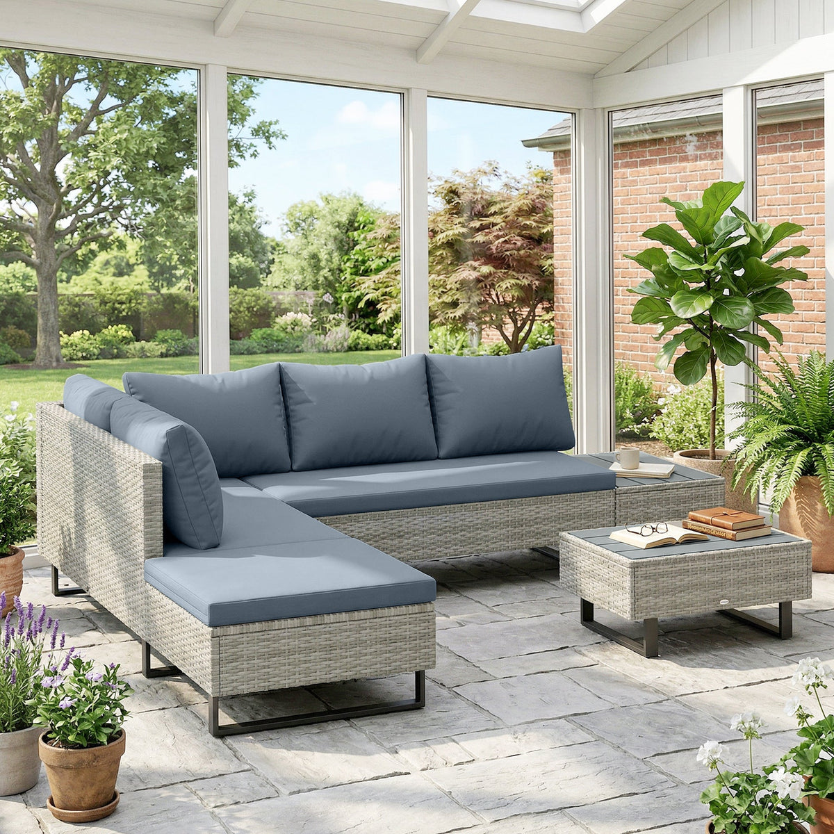 5-Seater Rattan Corner Sofa with Adjustable Backs, Table & Cushions, Grey — product view 4