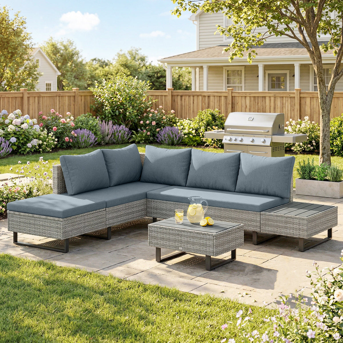 5-Seater Rattan Corner Sofa with Adjustable Backs, Table & Cushions, Grey — product view 3