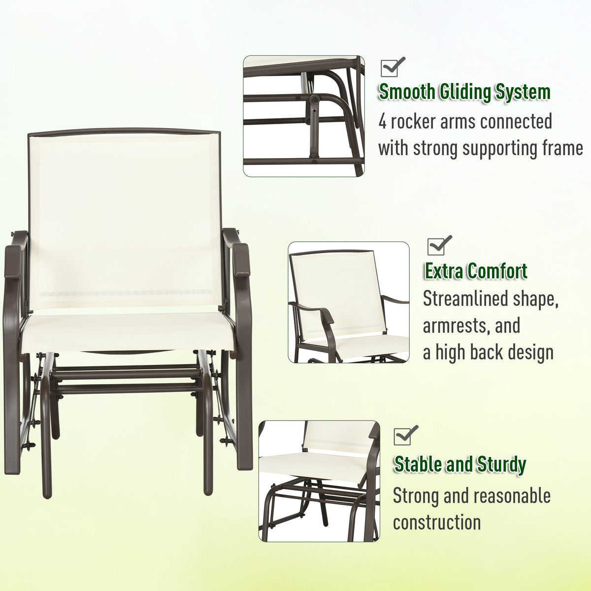 3 Piece Outdoor Glider Chair with Coffee Table Bistro Set, Cream White — product view 7