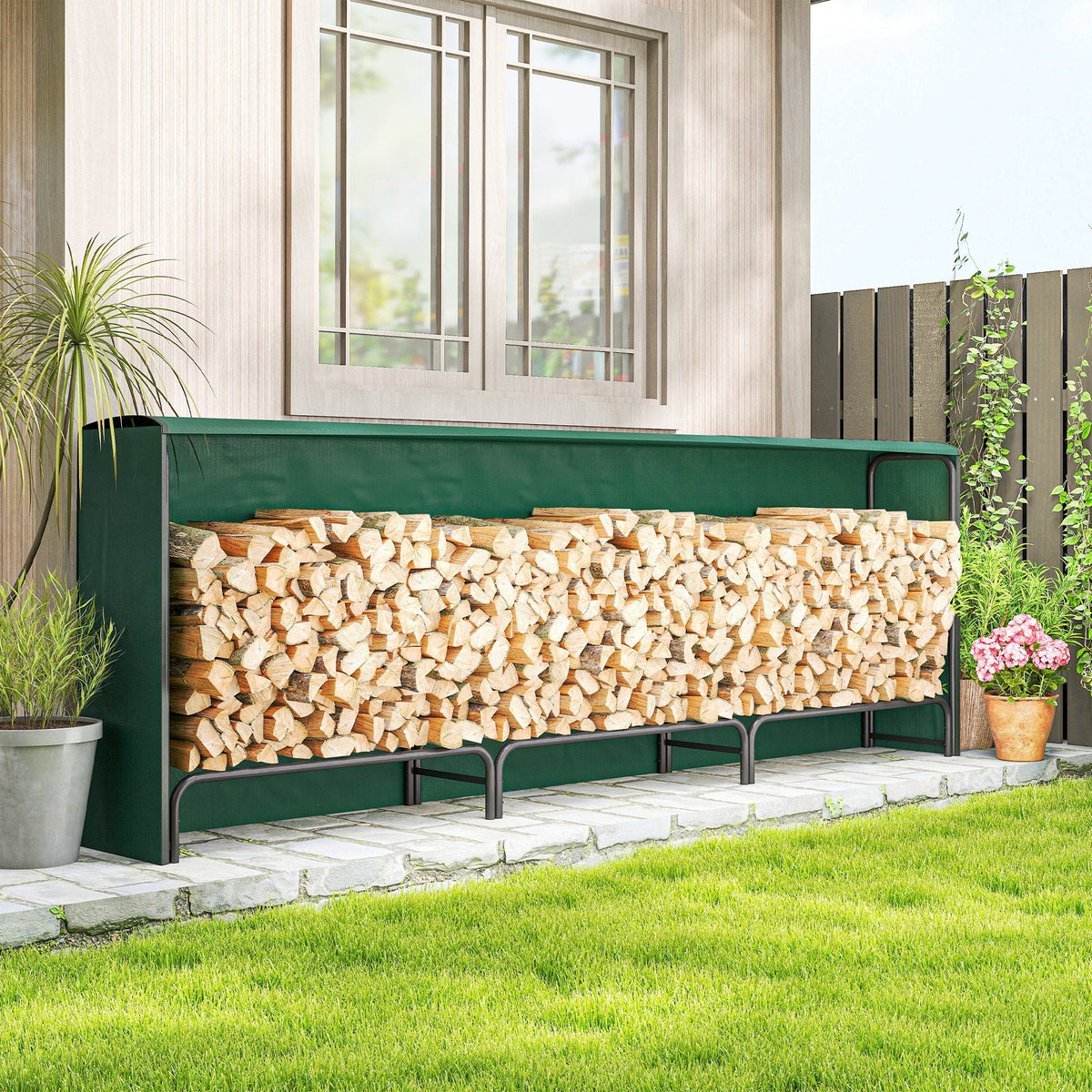 10 ft Heavy Duty Firewood Rack with Waterproof Cover & Steel Chains, Dark Green — product view 4