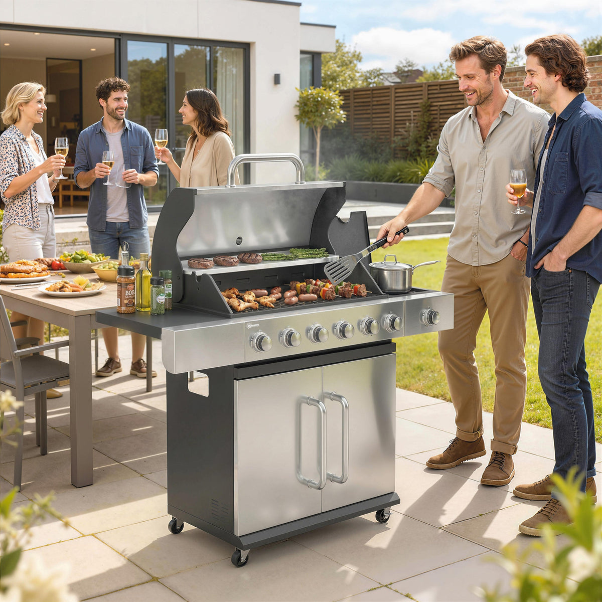 6 Burner Propane Gas Grill with Side Burner, 63,000 BTU , Warming Rack & Cabinet — product view 4