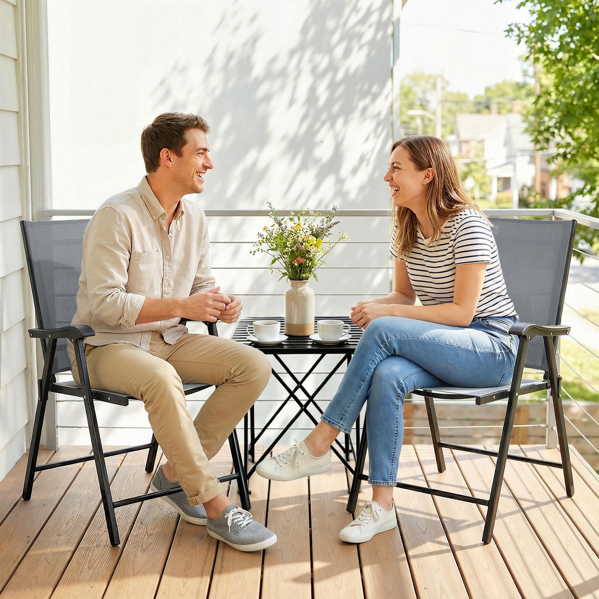 Set of 2 Folding Garden Chairs with High Back and Armrests, Light Grey — product view 4