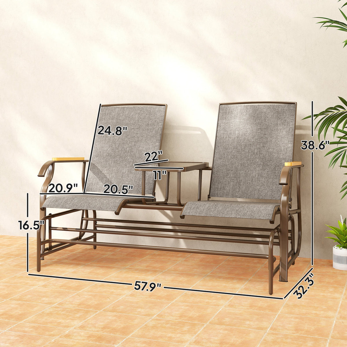 2-Person Outdoor Glider Bench with Table, Light Mixed Brown — product view 5