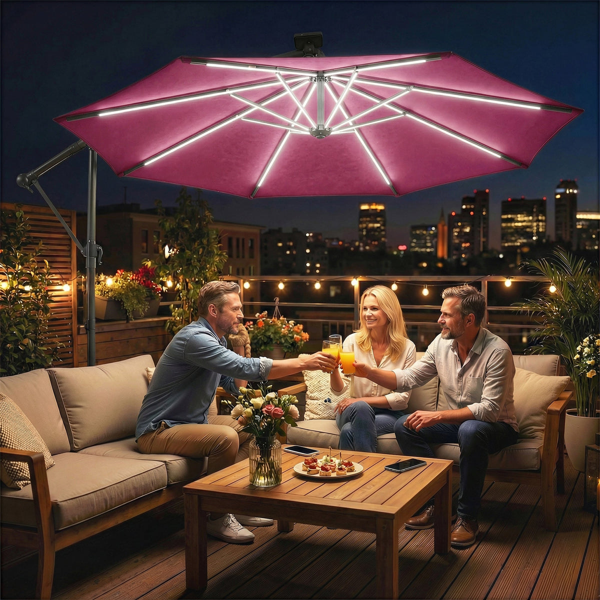 3 m Cantilever Parasol with Solar LED Light, Cover & 360° Rotation, Wine Red — product view 3