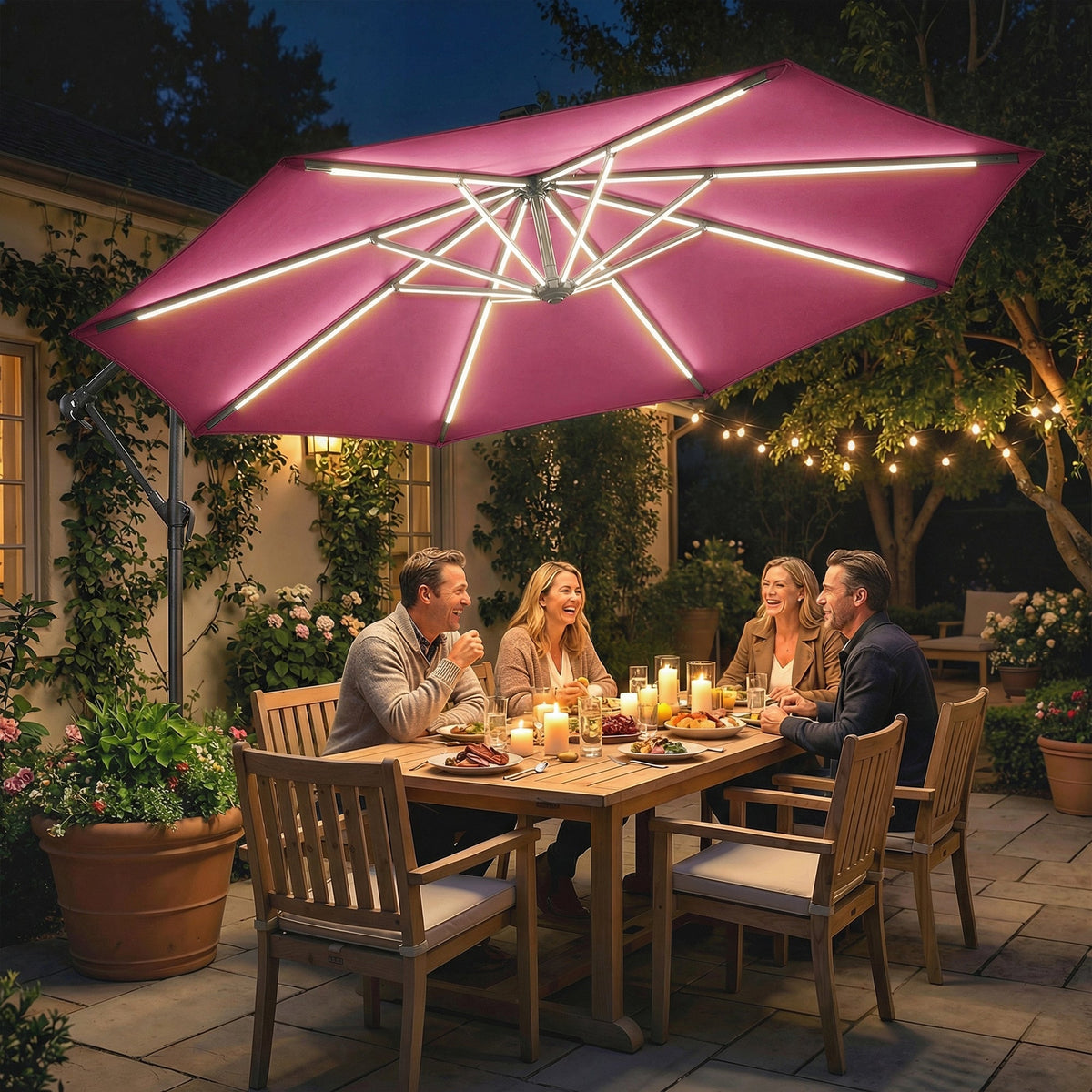 3 m Cantilever Parasol with Solar LED Light, Cover & 360° Rotation, Wine Red — product view 4