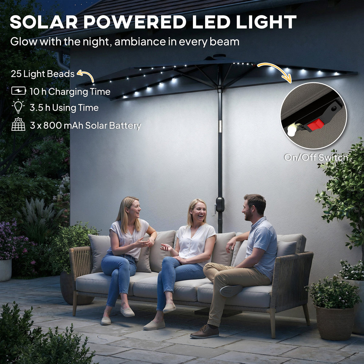 2.6 m Half Garden Parasol with Solar LED Lights and Tilt, Dark Grey — product view 7