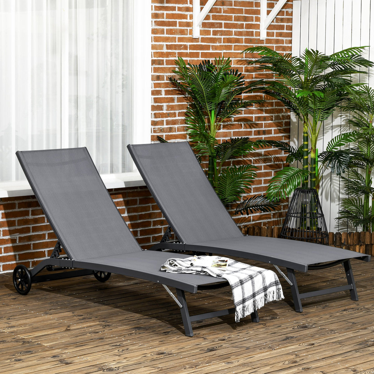 Set of 2 Outdoor Lounge Chairs with Wheels and Mesh Seat, Dark Grey — product view 4
