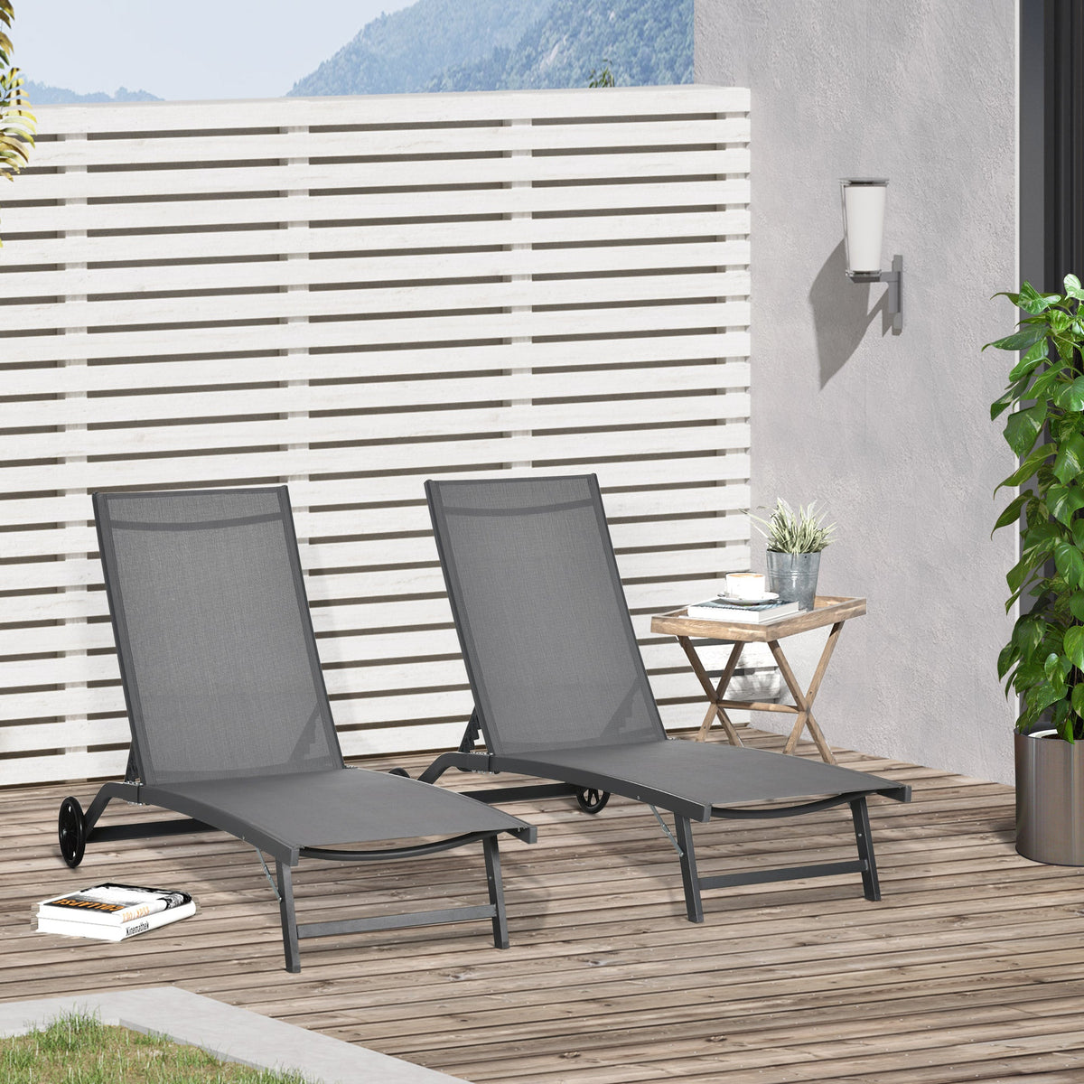 Set of 2 Outdoor Lounge Chairs with Wheels and Mesh Seat, Dark Grey — product view 3