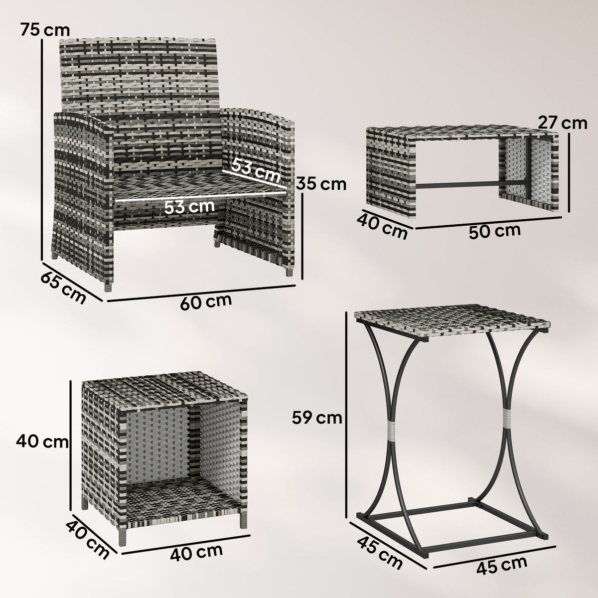 6 Piece Rattan Garden Furniture Set with 2 Nesting Tables, Grey — product view 5