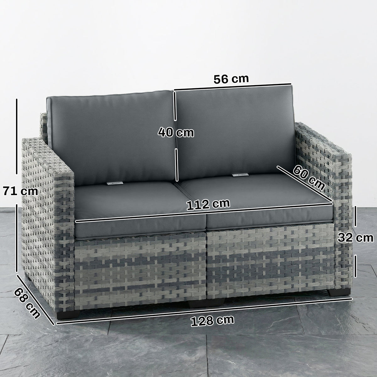 2 Seater Rattan Sofa with Deep Seat and Wide Armrests, Mixed Grey — product view 5