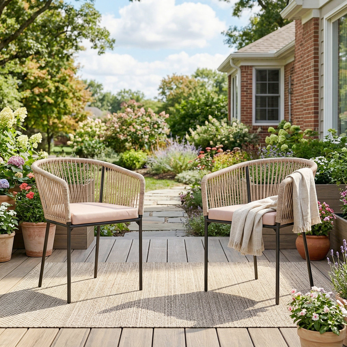 Set of 2 Rattan Dining Chairs with Cushions, Metal Frame, String Back & Armrests — product view 4