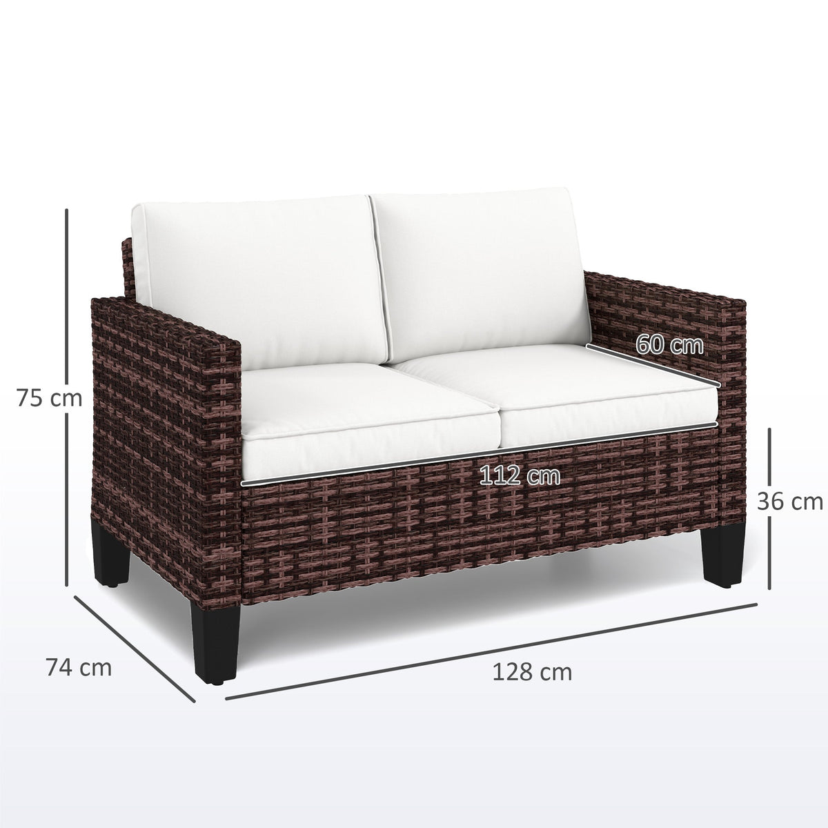 2 Seater Rattan Garden Sofa with Cushions & Armrests, Brown — product view 5