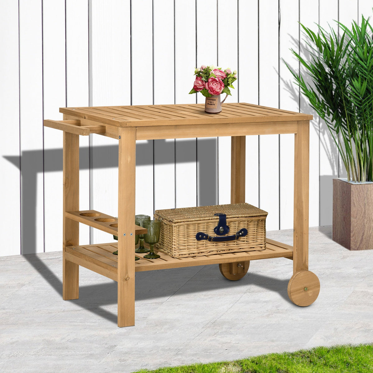Wood Outdoor Bar Cart with 2 Shelves and Wine Holders, Natural — product view 4