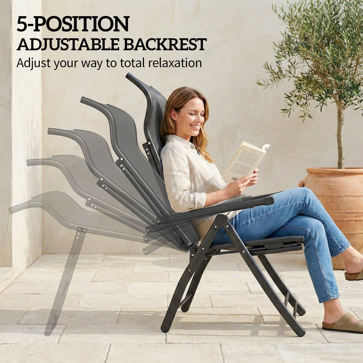 Set of 2 Folding Patio Chairs with Footrest and 5-Position Recline, Dark Grey — product view 6