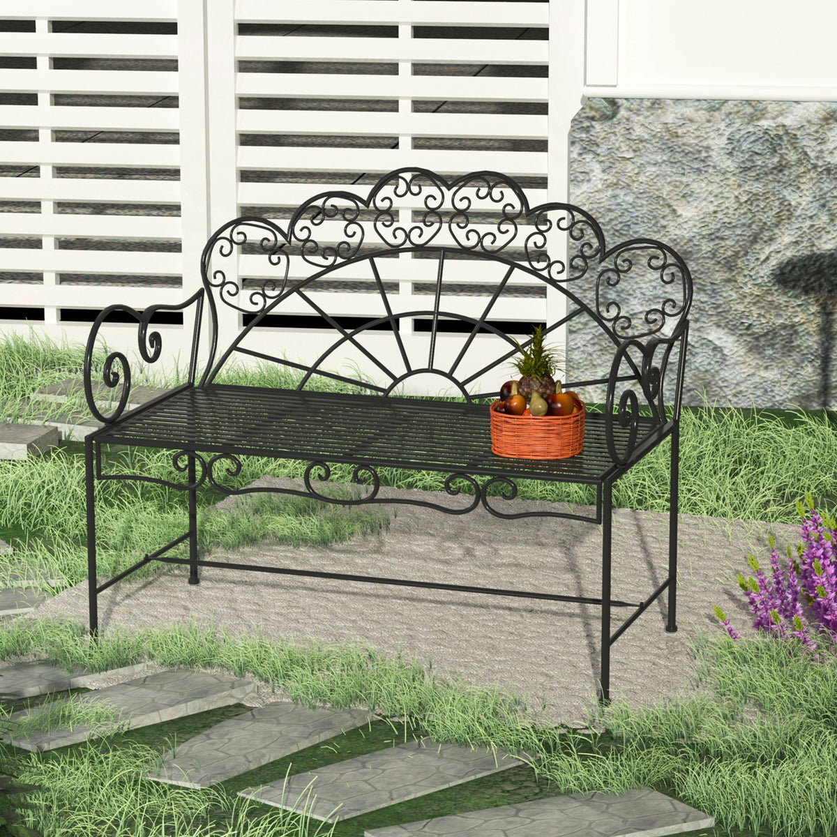 2 Seater Metal Garden Bench, 107 x 55.5 x 92 cm, Black — product view 4