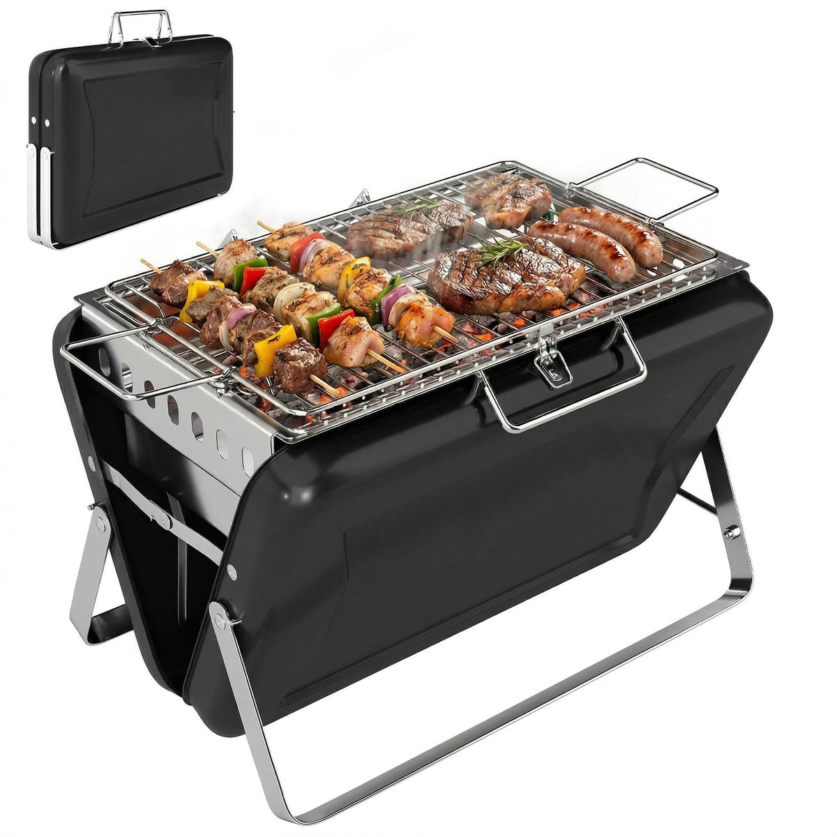 Folding Portable Charcoal BBQ Grill with Handle and Foldable Legs, Black — product view 1