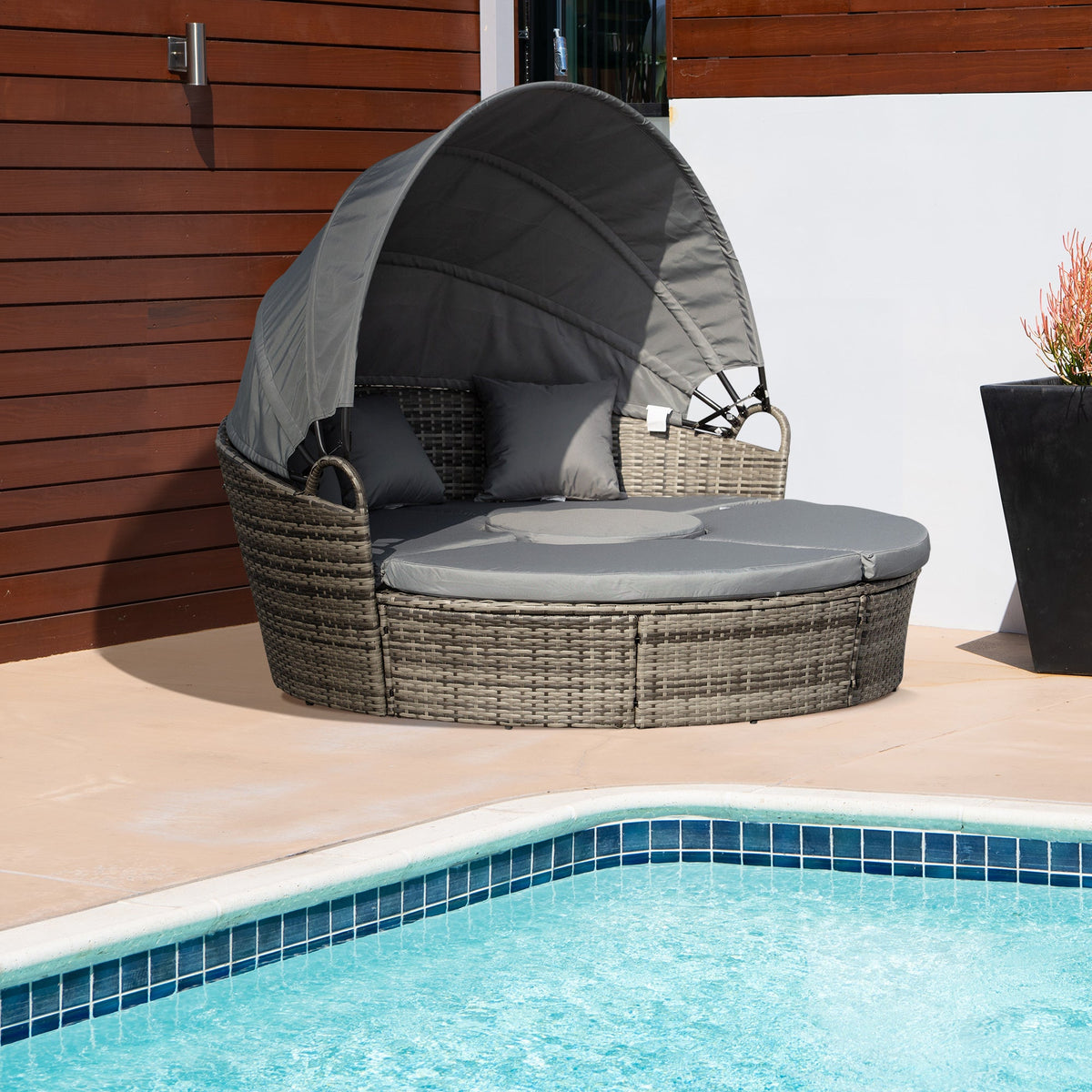Round PE Rattan Daybed Set with Retractable Canopy, Table & Pillows, Dark Grey/Grey — product view 3