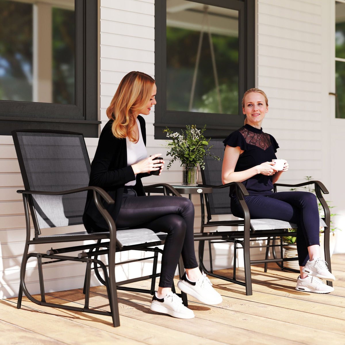 Outdoor Double Glider Rocking Chairs with Glass Top Middle Table for Garden, Patio, Grey — product view 3