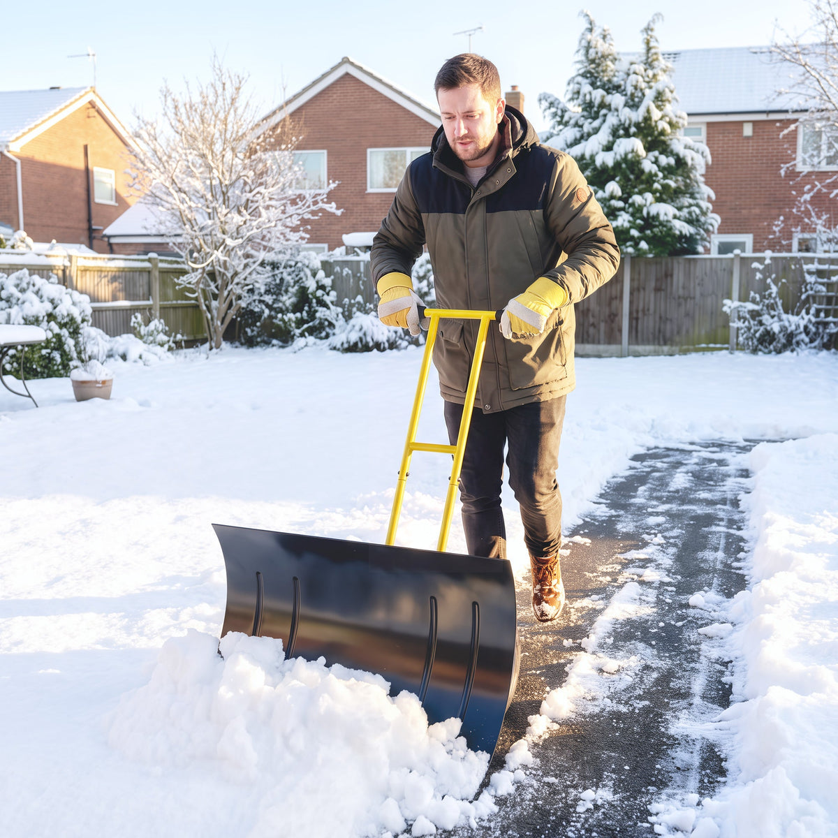 Snow Pusher with Wheels, 5-Level Handle & 7-Angle Blade, 29" x 18" Yellow — product view 3