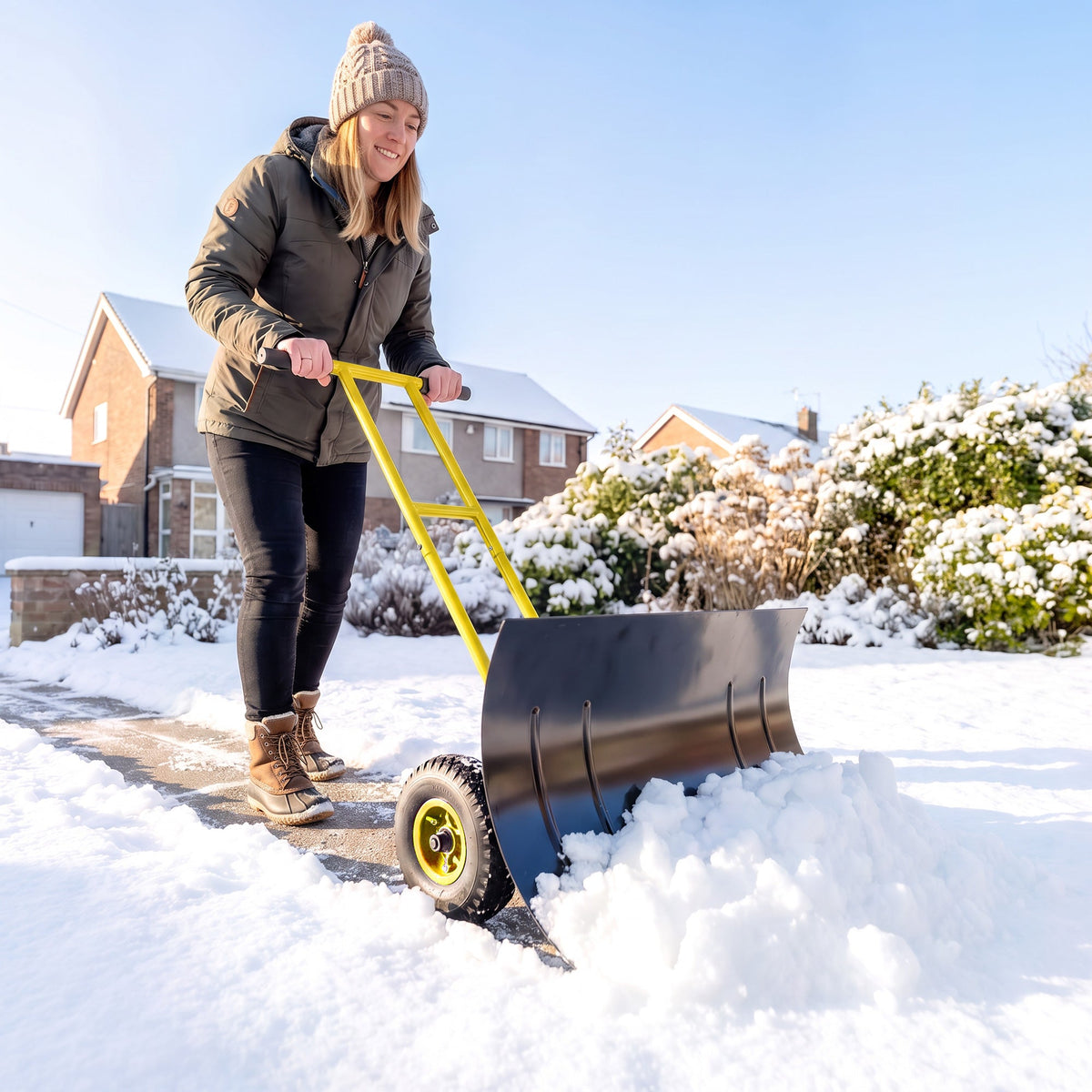 Snow Pusher with Wheels, 5-Level Handle & 7-Angle Blade, 29" x 18" Yellow — product view 4