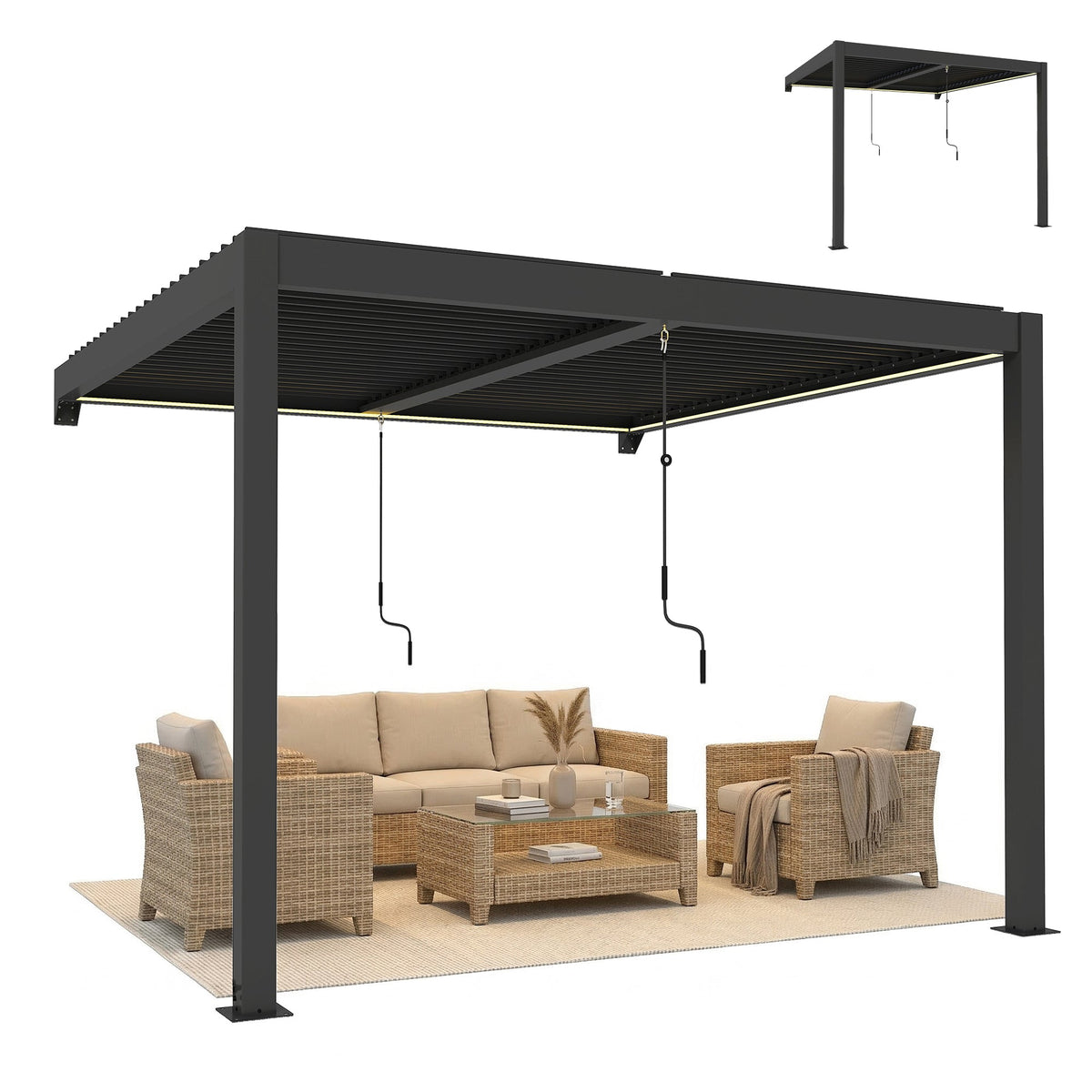 3 x 3 m Dark Grey Louvered Pergola with Adjustable Metal Roof, LED Lights — product view 1