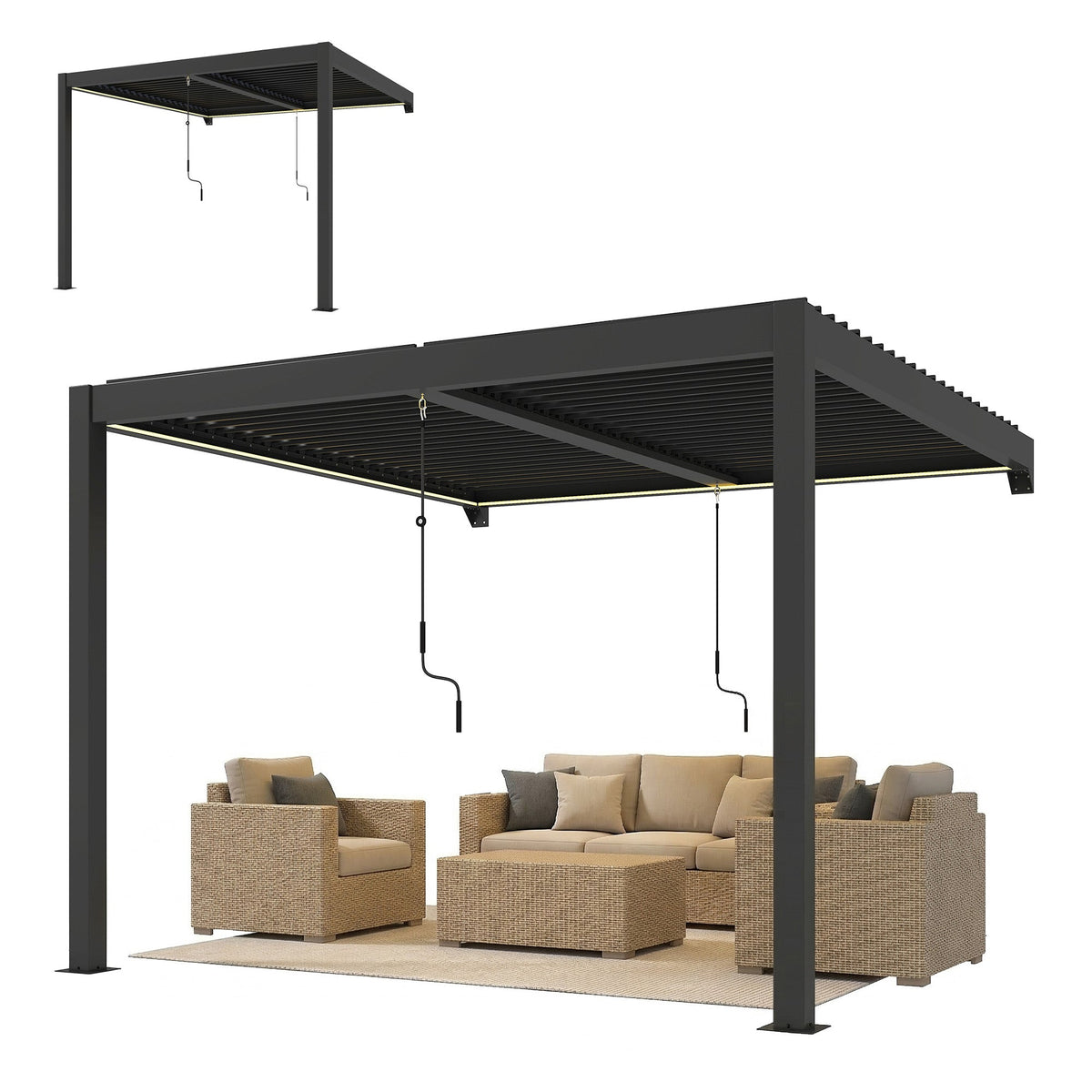 3 x 3 m Dark Grey Louvered Pergola with Adjustable Metal Roof, LED Lights — product view 2