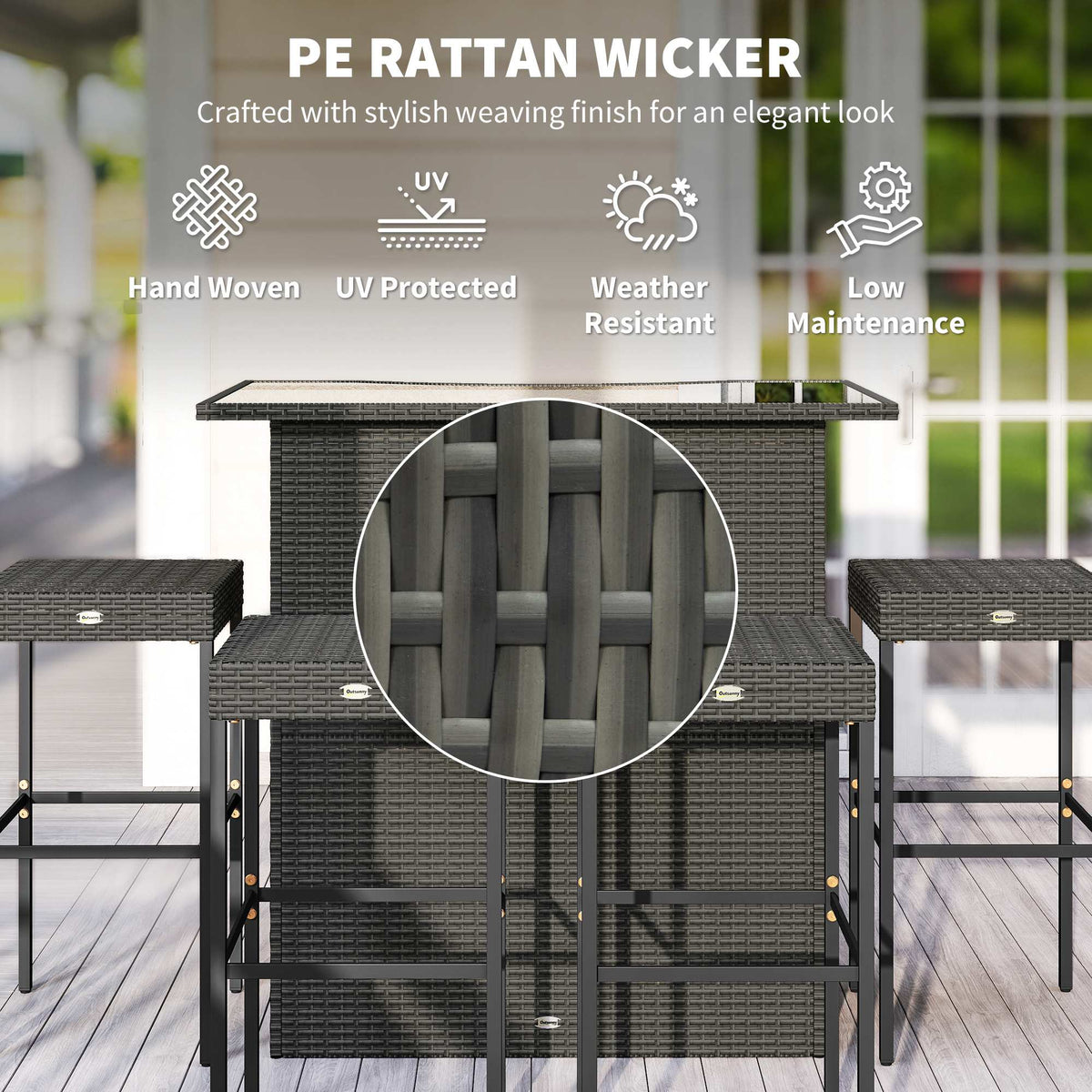 5 Piece Outdoor Wicker Bar Set with Glass Top Table and 4 Stools, Dark Gray — product view 7