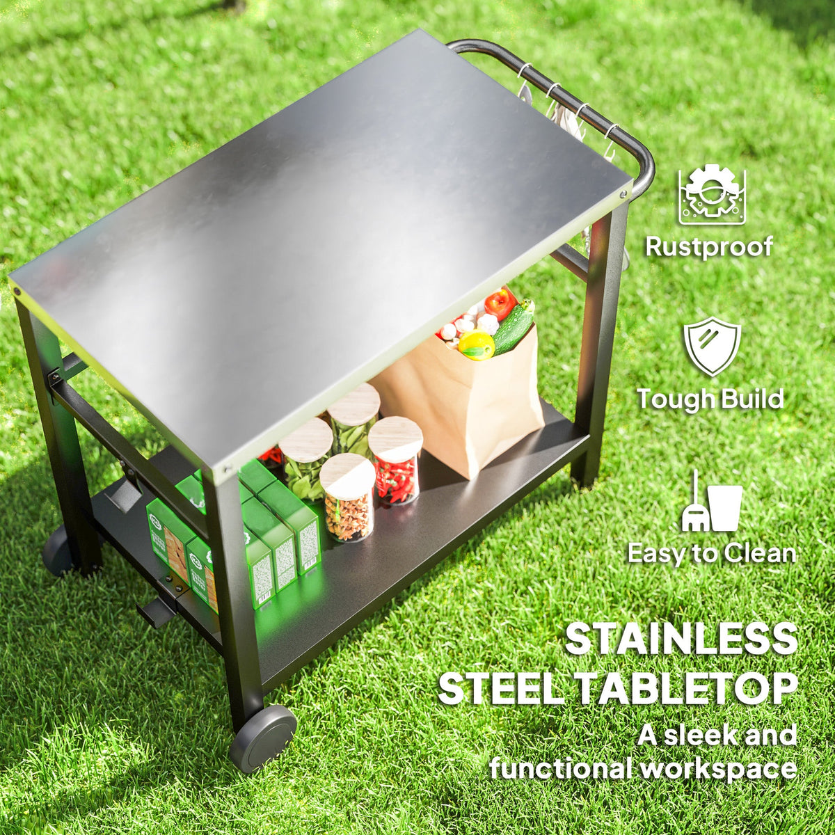 Outdoor Grill Cart with Stainless Steel Top, 2 Shelves and Wheels, Charcoal Grey — product view 6
