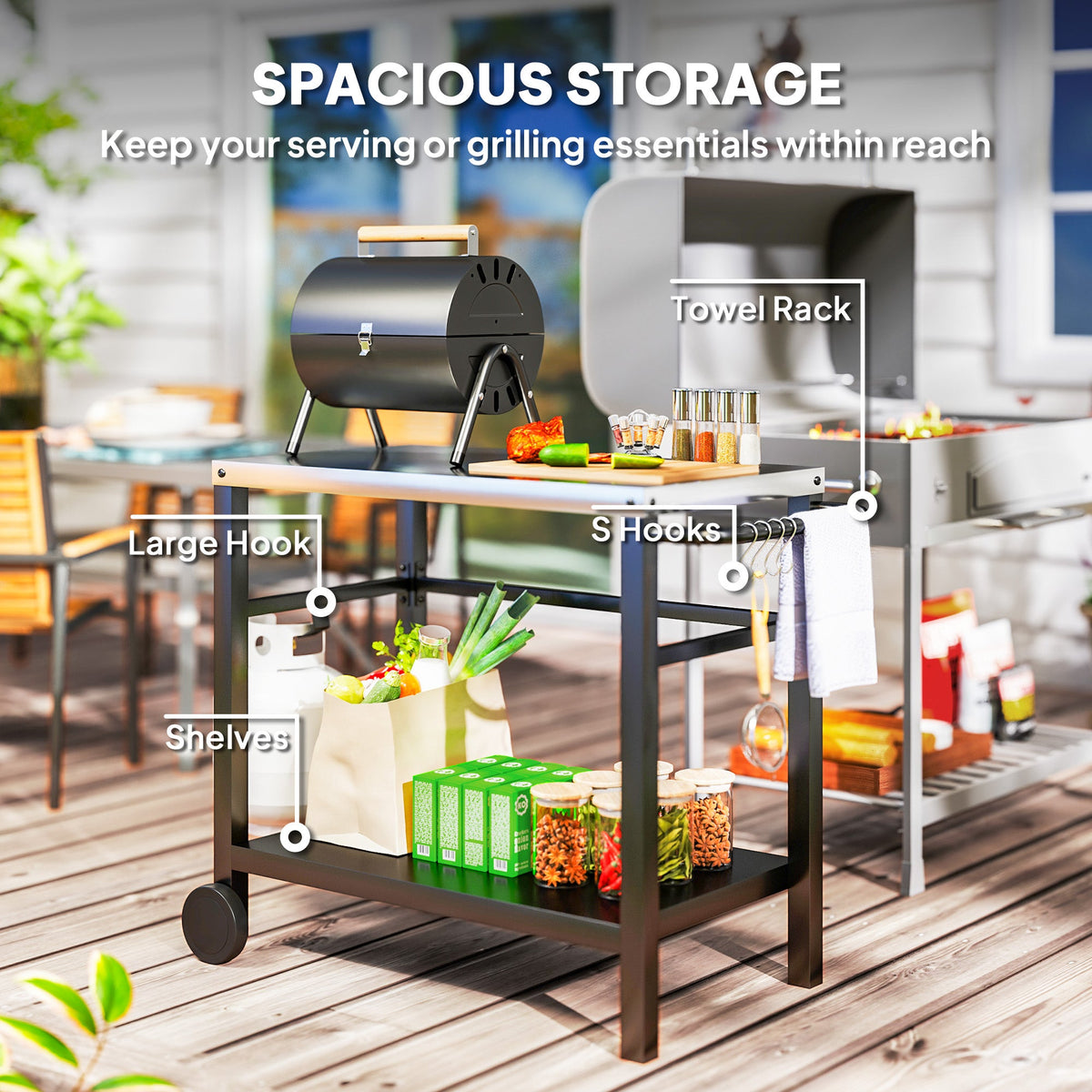 Outdoor Grill Cart with Stainless Steel Top, 2 Shelves and Wheels, Charcoal Grey — product view 7