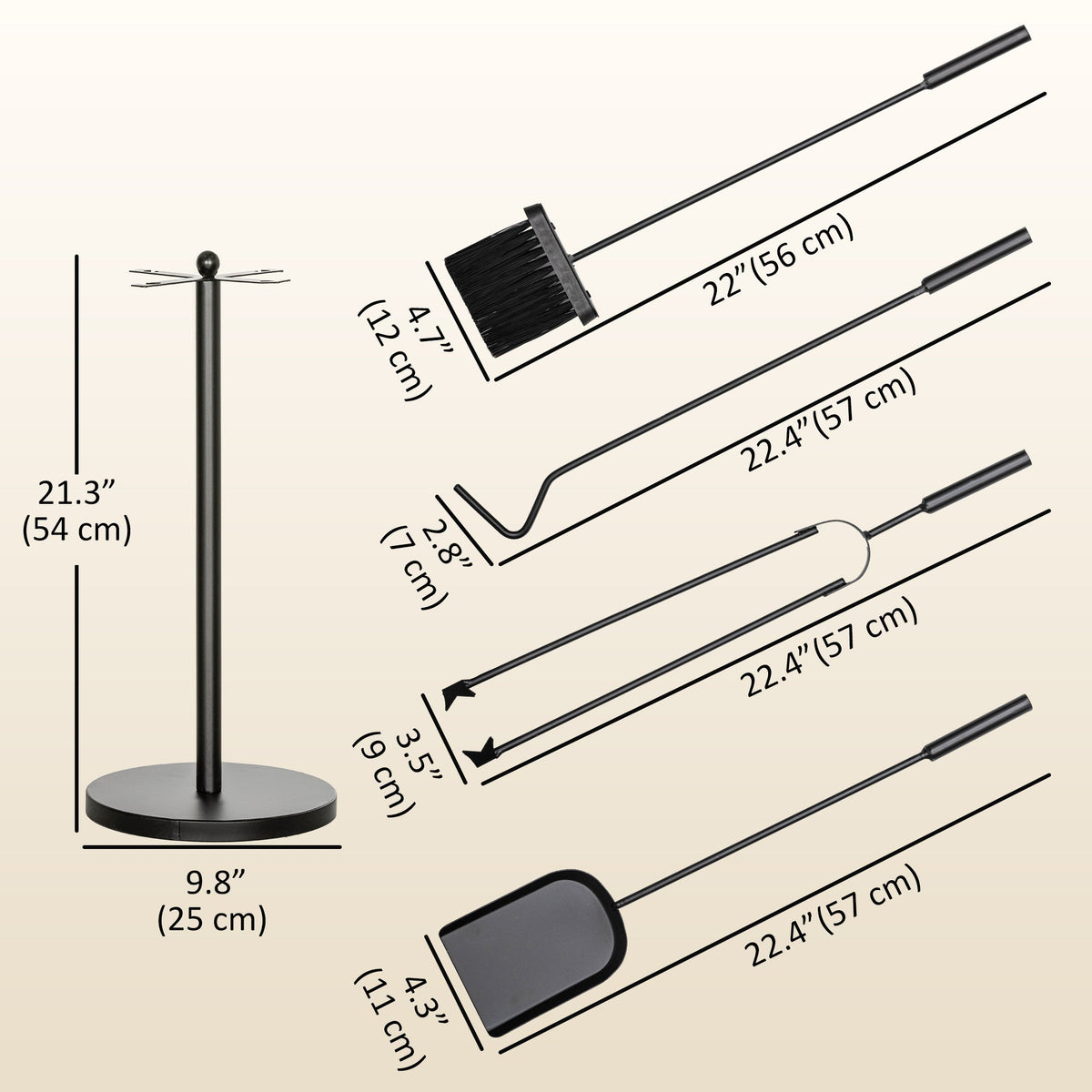 5-Piece Metal Fireplace Tool Set with Stand, Brush, Shovel, Poker & Tongs, Black — product view 5